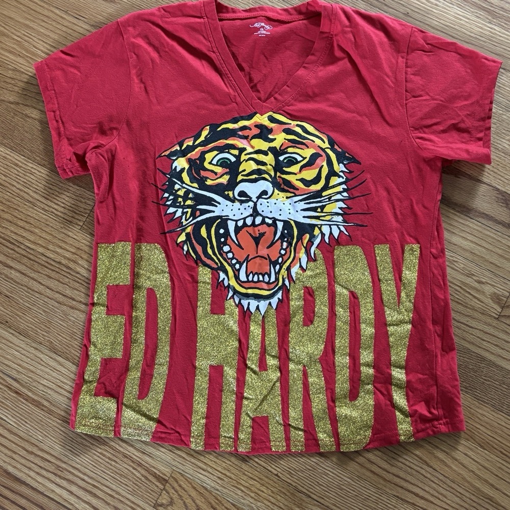 Ed Hardy Shirt Women's XXLarge‎ Red 2000s Y2K Tiger Glitter V Neck
